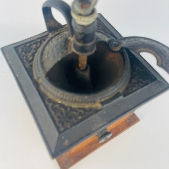 Antique Coffee Grinder Ornate Cast Iron Hand Crank Wooden Dove Tail Base - Picture 4 of 6